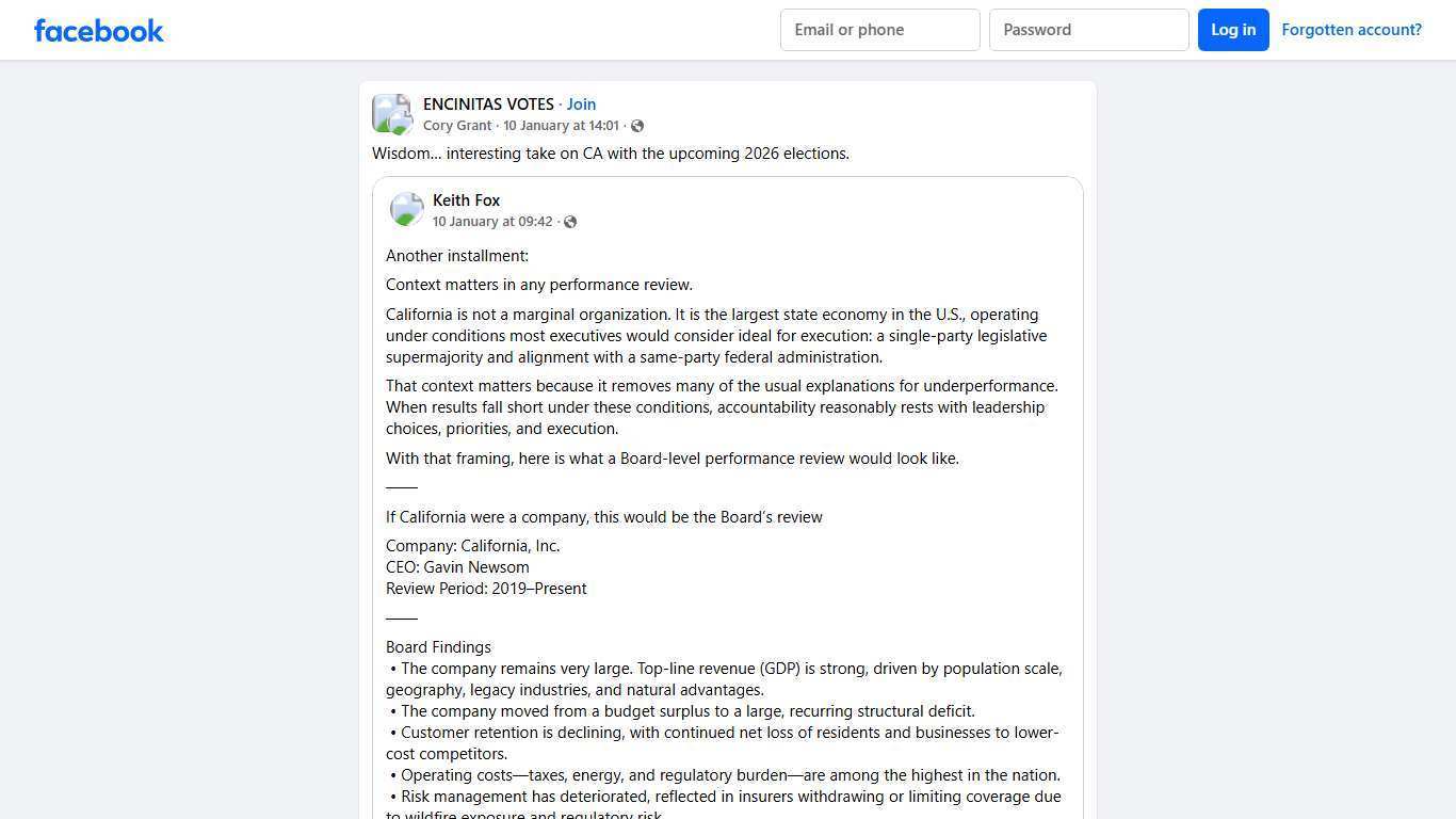 ENCINITAS VOTES | Wisdom… interesting take on CA with the upcoming 2026 elections. | Facebook